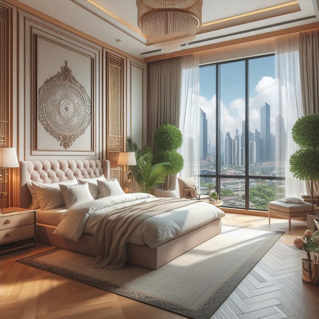 Vector beautiful bedroom with window nice view