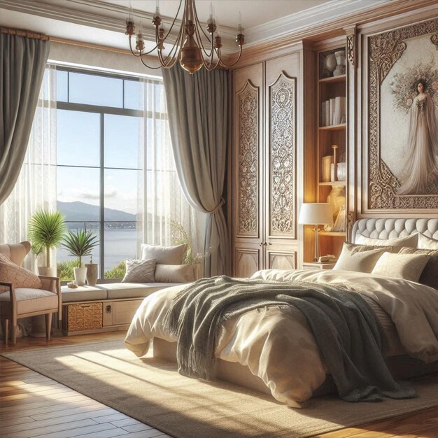 Vector beautiful bedroom with window nice view