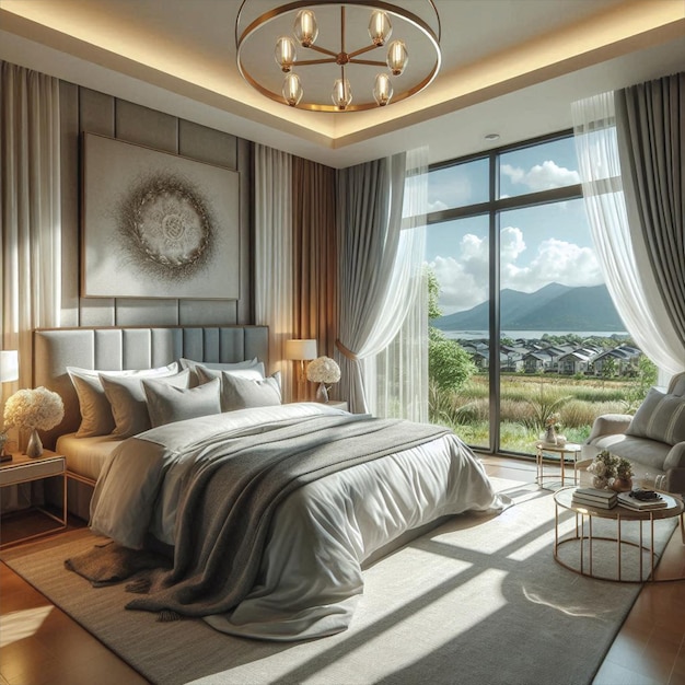 Vector beautiful bedroom with window nice view