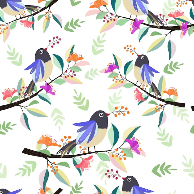 Beautiful bird on branch with flower seamless pattern.