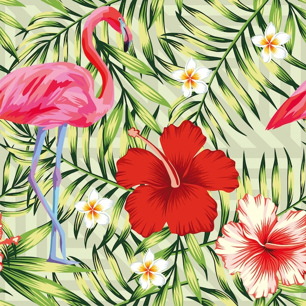 Beautiful bird pink flamingo, hibiscus and frangipani 