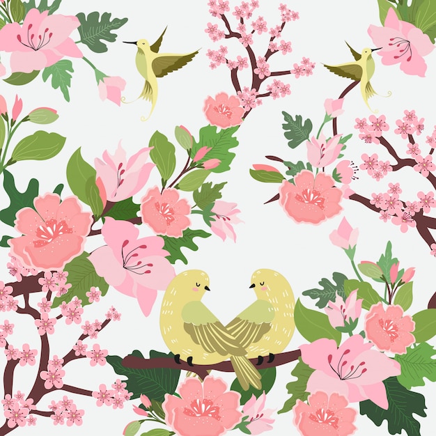 Beautiful bird and pink flower with green leaf illustration.