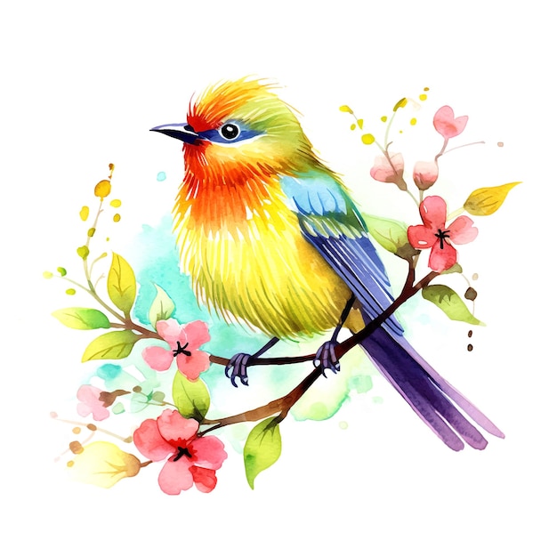 Beautiful bird with flowers watercolor paint