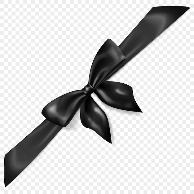 Beautiful black bow with diagonally ribbon with shadow isolated on transparent background