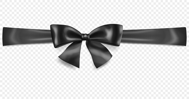 Beautiful black bow with horizontal ribbon with shadow isolated on transparent background