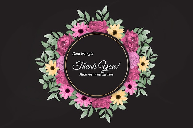 Beautiful black floral thank you card template set with watercolor Premium Vector