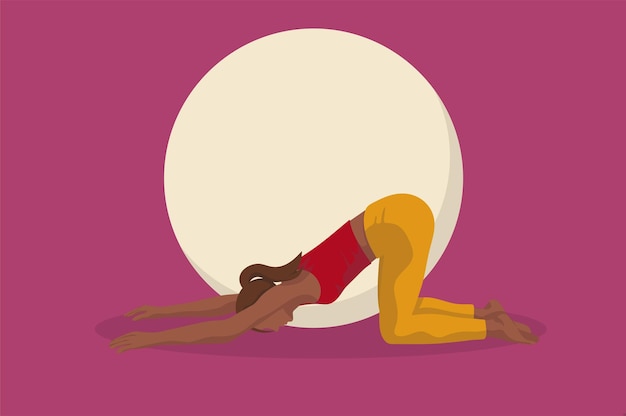 Vector beautiful black girl doing yoga pilates fitness in sportwear with circle behind on pink background