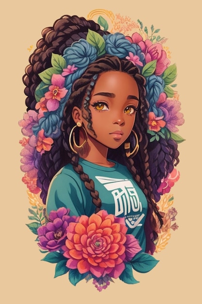 Beautiful Black Girl With Flowers sticker vector