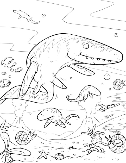 Beautiful Black and White Hand drawing Mosasaurus Coloring Pages and Coloring Book for Kids