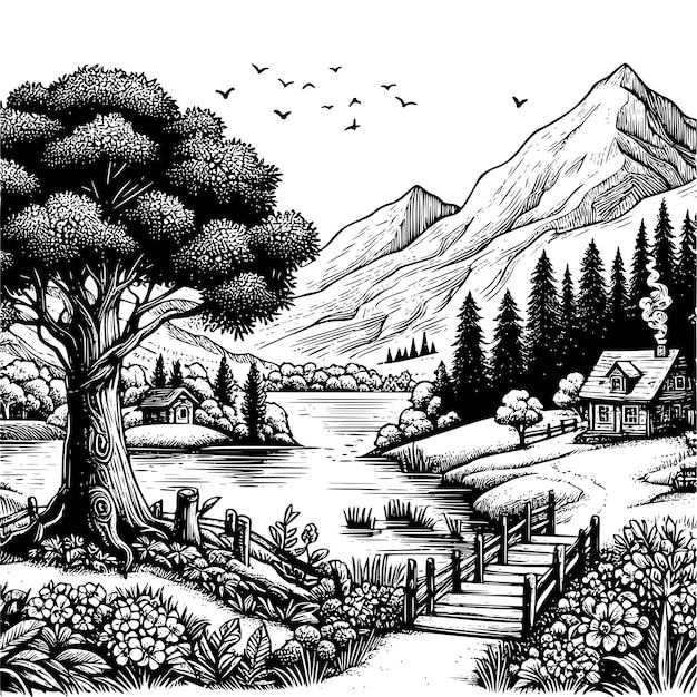 Beautiful Black and White Nature Landscape HandDrawn