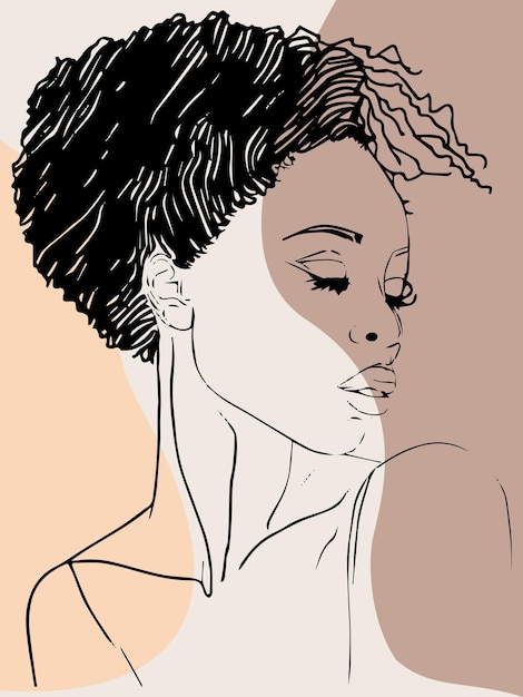 Beautiful black woman line vector art Drawing with boho elements colorsElegant line art