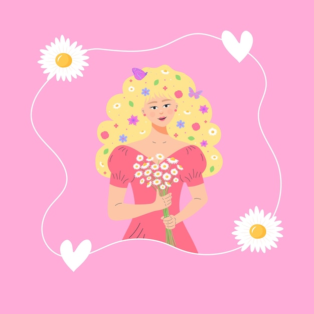 Beautiful blond girl with bouquet of chamomiles in a frame Flowers leaves butterflies in her hair