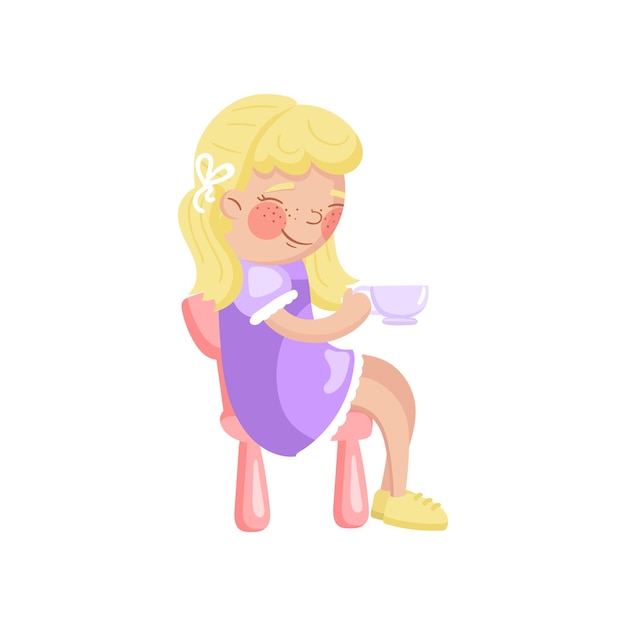 Beautiful blonde girl sitting on toy chair and holding tea cup girl playing at tea party cartoon vector Illustration on a white background