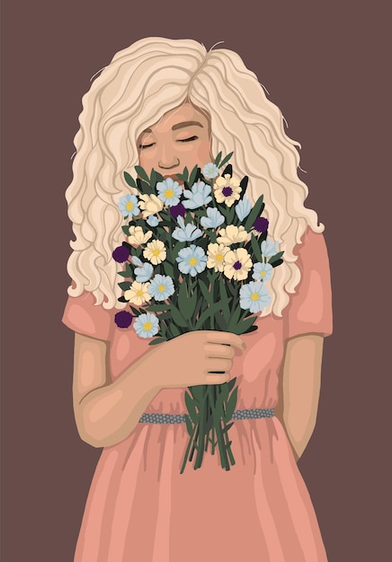 Vector beautiful blonde with a bouquet of flowers drawn colorful illustration