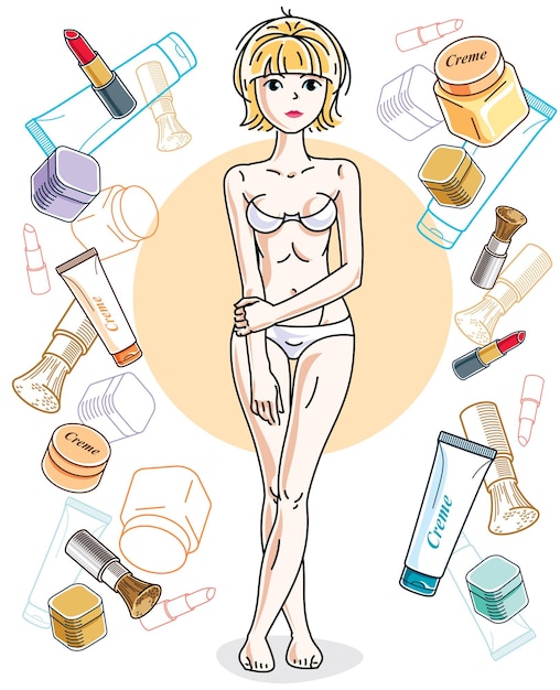 Beautiful blonde woman adult wearing white bra and panties and standing on background with cosmetic accessories. Vector attractive female illustration. Glamour lifestyle theme cartoon.