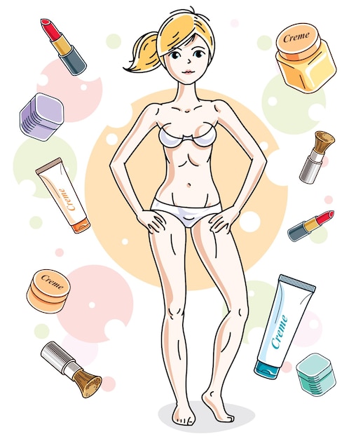 Beautiful blonde woman adult wearing white bra and panties and standing on background with cosmetic accessories. Vector attractive female illustration. Glamour lifestyle theme cartoon.