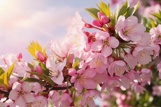 Vector beautiful blooming apple tree branch with sundouble cherry blossoms in full bloom