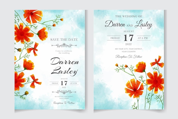 Beautiful blooming floral watercolor wedding invitation card with leaves flowers frame frame