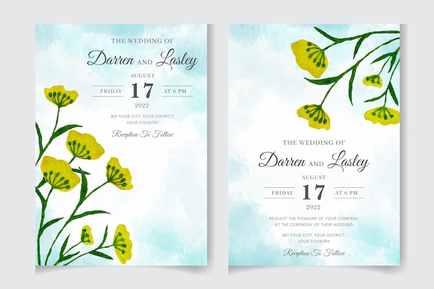 Beautiful blooming floral watercolor wedding invitation card with leaves flowers frame frame