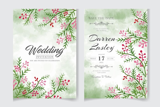 Beautiful blooming floral watercolor wedding invitation card with leaves flowers frame frame