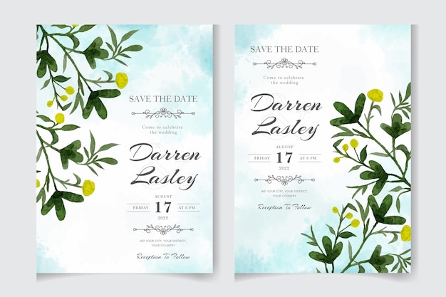 Beautiful blooming floral watercolor wedding invitation card with leaves flowers frame frame