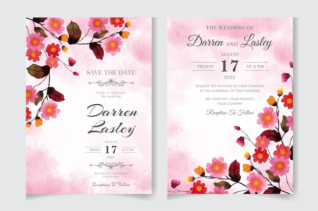 Beautiful blooming floral watercolor wedding invitation card with leaves flowers frame frame