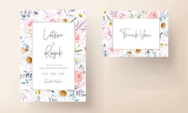 Vector beautiful blooming flower and leaves watercolor wedding invitation card