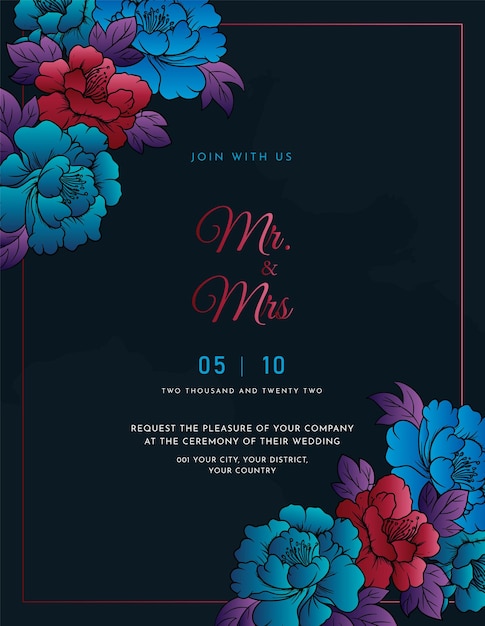 Beautiful blooming flower and leaves wedding invitation card