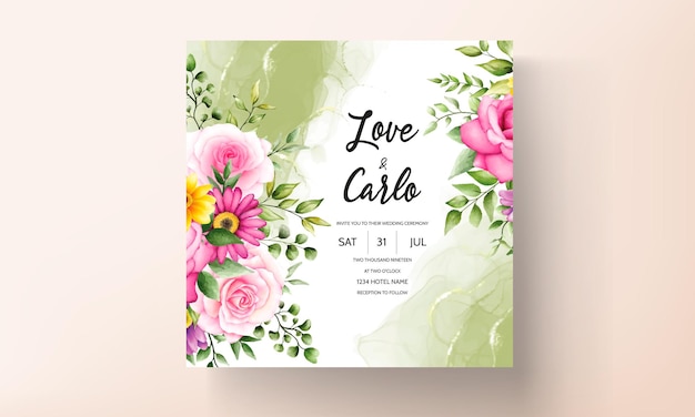 beautiful blooming flower watercolor wedding invitation card