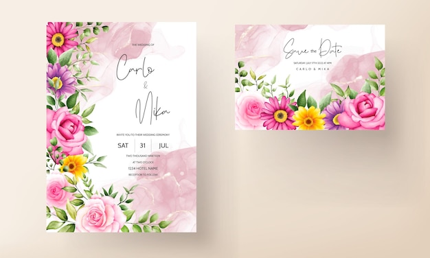 beautiful blooming flower watercolor wedding invitation card