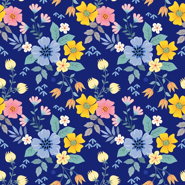 Beautiful blooming flowers on blue color background seamless pattern Can be used for fabric textile wallpaper