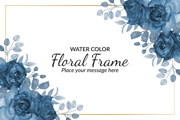 Beautiful blooming navy blue roses floral frame watercolor flower blue background Premium Vector