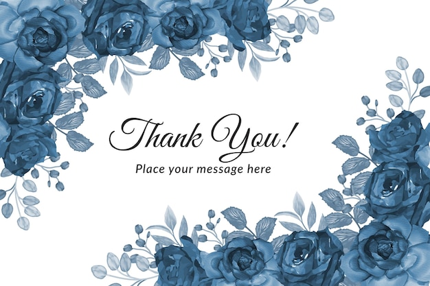 Beautiful blooming navy blue roses thank you card with watercolor flower background Premium Vector