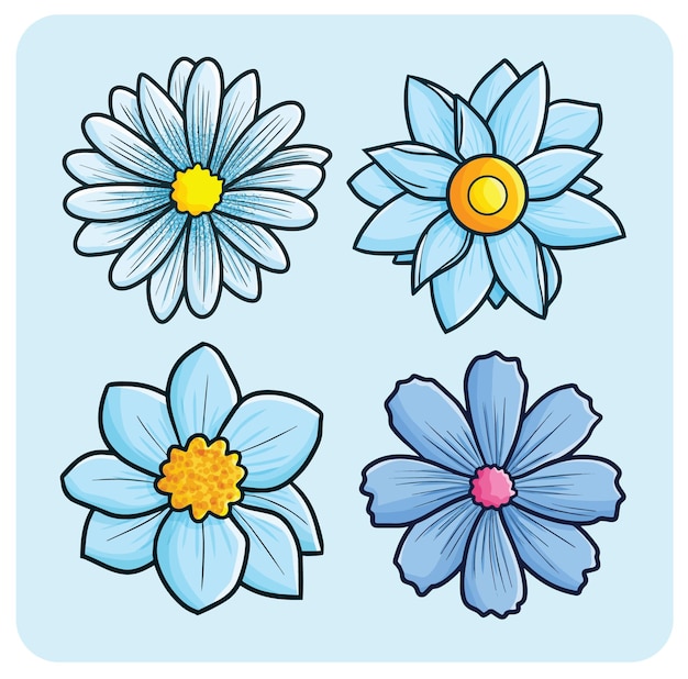 Beautiful blue flowers cartoon collection