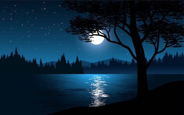 Beautiful blue night with river and forest with moon and stars