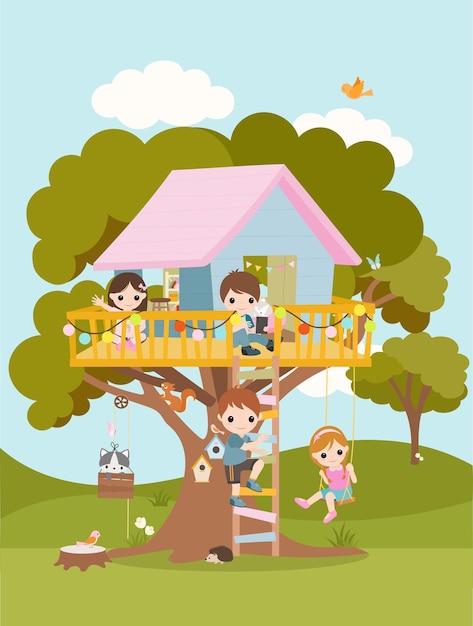 Beautiful blue and pink treehouse with playing kids and cute animals