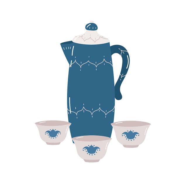 Vector beautiful blue teapot with bowls on white background