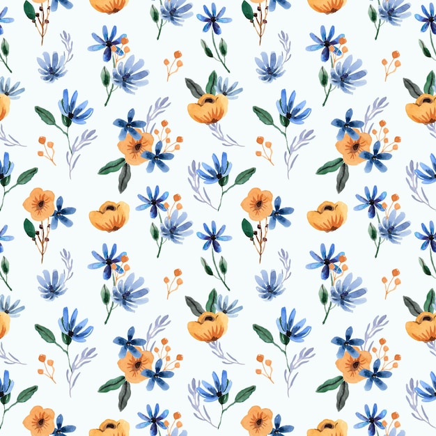 Beautiful Blue and Yellow Floral Watercolor Seamless pattern