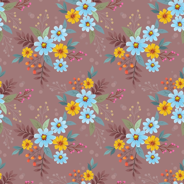 Beautiful blue and yellow flowers on brown color background seamless pattern