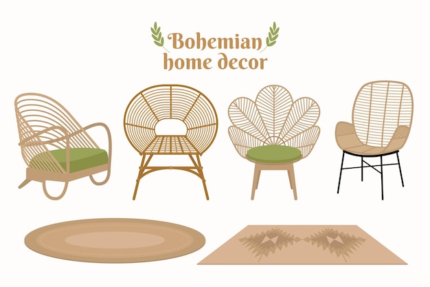 Vector beautiful bohemian furniture and decoration. bohemian home decoration vector