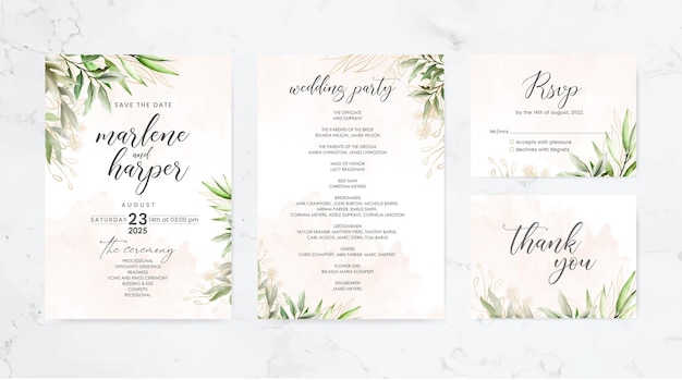 Beautiful boho watercolor leaves and hand drawing leaves wedding card template