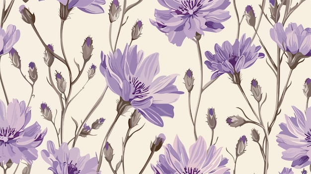 Vector beautiful botanical seamless pattern with blooming purple flowers