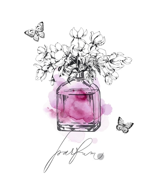 A beautiful bottles of perfume a against the background of delicate Apple blossoms Womens perfume