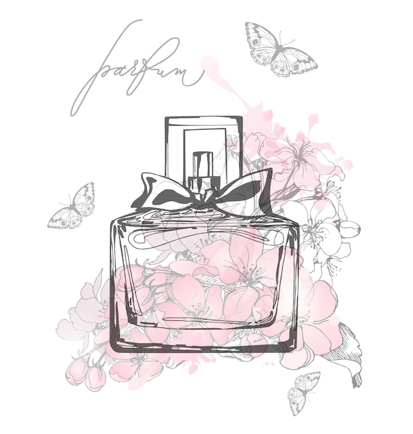 A beautiful bottles of perfume a against the background of delicate Apple blossoms Womens perfume