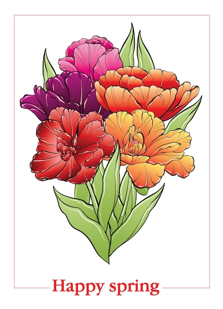 Beautiful bouquet of red yellow lilac tulips hand drawn floral background beautiful colorful with