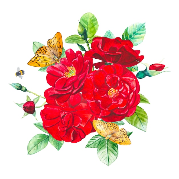 Beautiful bouquet with garden red roses watercolor card isolated