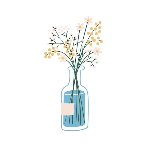 Beautiful bouquet with wild plants in glass vase vector flat illustration. Cute spring bunch of mimosa, daisy and gypsophila flowers. Floristic composition for decoration isolated on white.