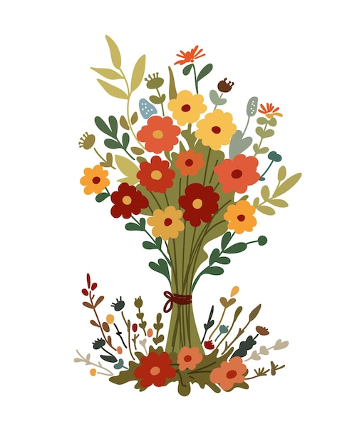 Vector beautiful bouquet with wildflowers botanical illustration in minimal style