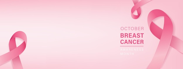 Beautiful breast cancer awareness campaign banner with pink ribbon symbols on gradient pastel light pink background and space for text