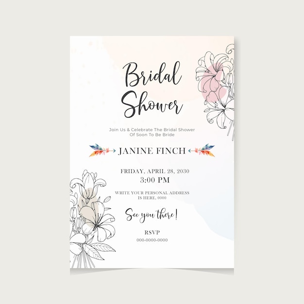 Vector beautiful bridal shower invitation card with with floral outline decoration